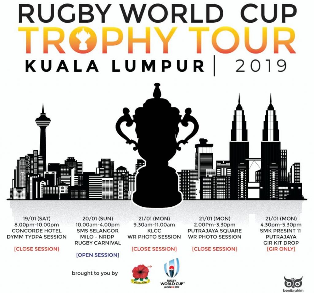 Malaysia menjadi negara ke-12 menerima kunjungan rasmi "Web Ellis" dalam siri siri jelajah trofi Piala Dunia Ragbi Jepun 2019. Kredit Foto - Kesatuan Ragbi Malaysia