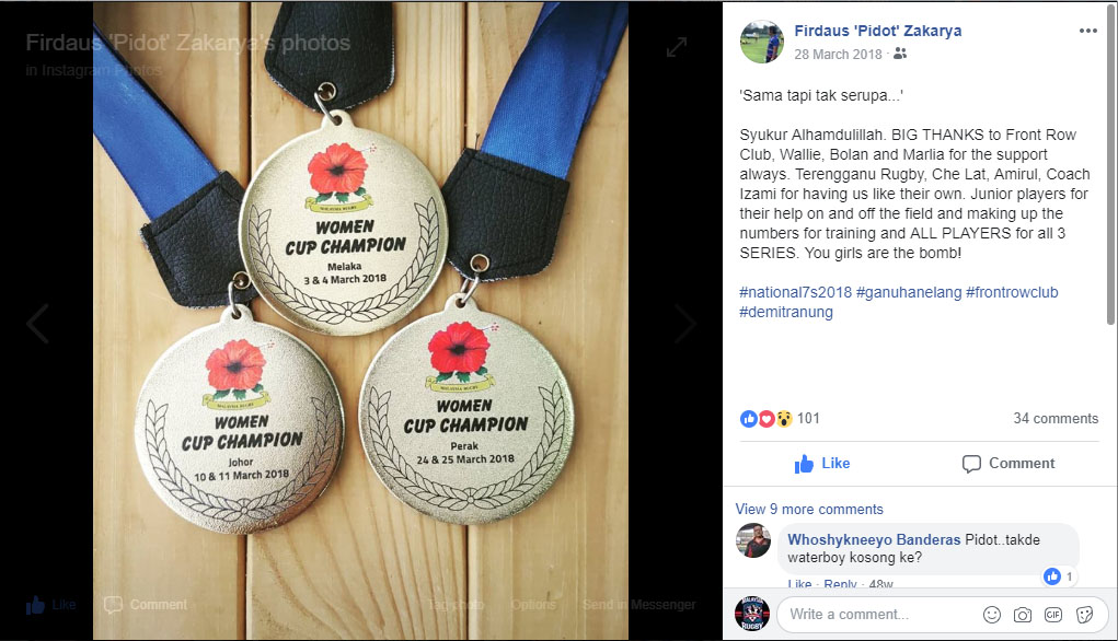 Muhammad Firdaus bin Zakarya yang lebih mesra dikenali sebagai 'Pidot' selaku jurulatih pasukan ragbi 7 sepasukan wanita negeri Terengganu menzahirkan tanda terima kasih setelah pasukan bimbingannya muncul juara Kejohanan Ragbi 7 Sepasukan Kebangsaan 2018 bagi kategori Wanita Terbuka. Kredit Foto - Facebook.com/pidotte